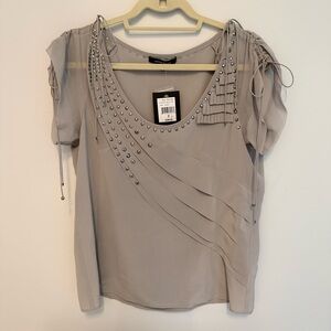 NWT Nanette Lepore “Click My Heels Top” embellished draped blouse in shark color